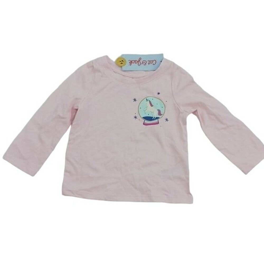 Cat & Jack Long Sleeve T Shirt Pink Snow Globe Unicorn Baby Girl Size 12 Months